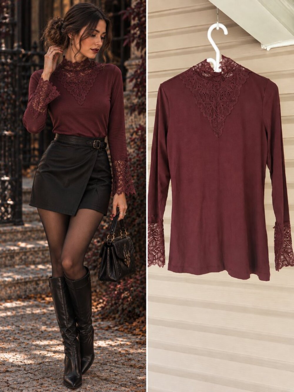 Soyaconcept Burgundy Lace Cuff Long Sleeve Top High Neck Whimsigoth L